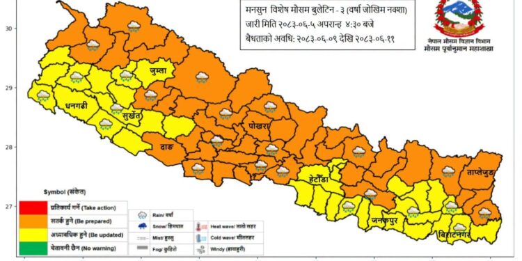 शुक्रबारदेखि तीन दिन भारी वर्षाको सम्भावना, यी जिल्लामा बाढी–पहिरोको उच्च जोखिम
