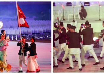 २०औँ एसियाडमा नेपालको झण्डा चन्द्रबहादुर र मानमतीको हातमा